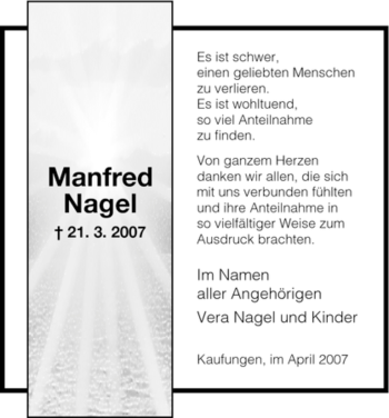 Todesanzeige von Manfred Nagel von HNA