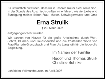 Todesanzeige von Erna Strulik von HNA
