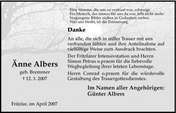 Todesanzeige von Aenne Albers von HNA