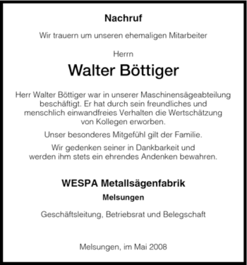 Todesanzeige von Walter Böttiger von HNA