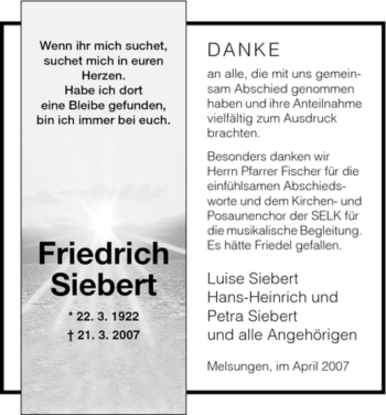 Todesanzeige von Friedrich Siebert von HNA