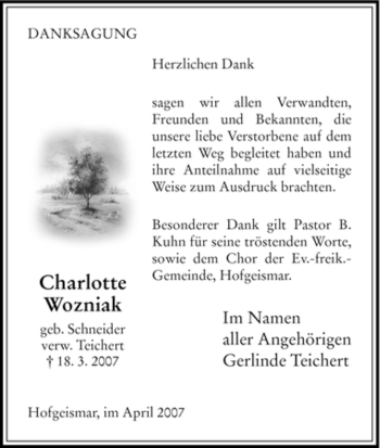 Todesanzeige von Charlotte Wozniak von HNA