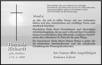 Todesanzeige von Theresia Richardt von HNA