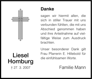 Todesanzeige von Liesel Homburg von HNA