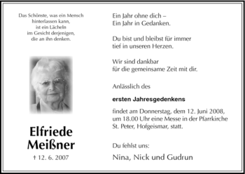 Todesanzeige von Elfriede Meißner von HNA