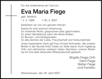 Todesanzeige von Eva Maria Fiege von HNA