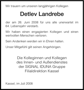 Todesanzeige von Detlev Landrebe von HNA