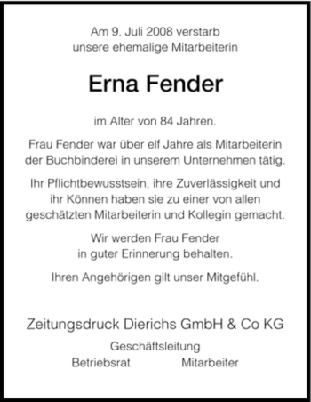 Todesanzeige von Erna Fender von HNA