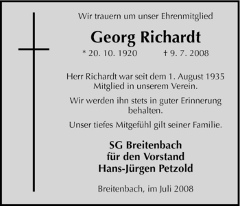 Todesanzeige von Georg Richardt von HNA