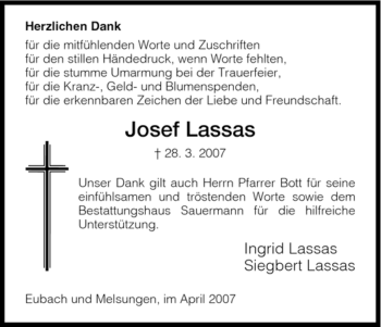 Todesanzeige von Josef Lassas von HNA