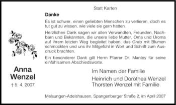 Todesanzeige von Anna Wenzel von HNA