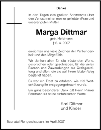 Todesanzeige von Marga Dittmar von HNA
