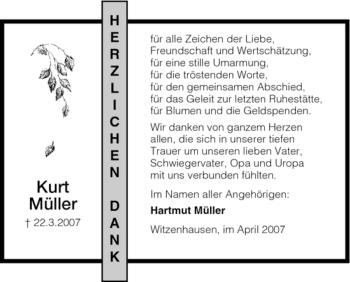 Todesanzeige von Kurt Müller von HNA