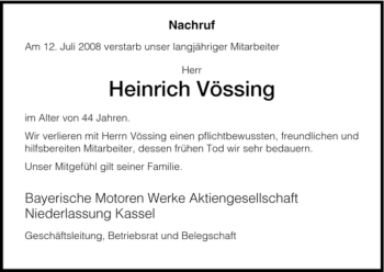 Todesanzeige von Heinrich Vössing von HNA