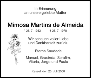 Todesanzeige von Mimosa Martins de Almeida von HNA