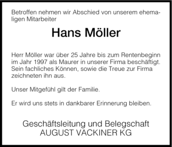 Todesanzeige von Hans Möller von HNA