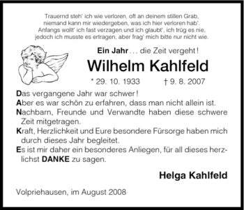 Todesanzeige von Wilhelm Kahlfeld von HNA