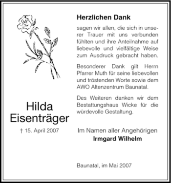 Todesanzeige von Hilda Eisenträger von HNA