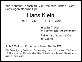Todesanzeige von Hans Klein von HNA