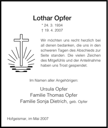 Todesanzeige von Lothar Opfer von HNA