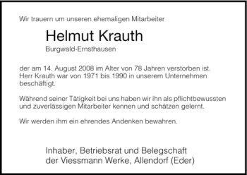 Todesanzeige von Helmut Krauth von HNA