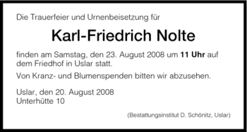 Todesanzeige von Karl-Friedrich Nolte von HNA