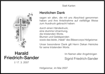 Todesanzeige von Harald Friedrich-Sander von HNA