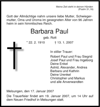 Todesanzeige von Barbara Paul von HNA