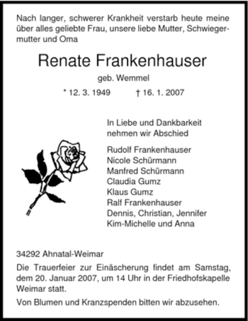 Todesanzeige von Renate Frankenhauser von HNA