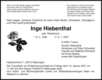Todesanzeige von Inge Hiebenthal von HNA