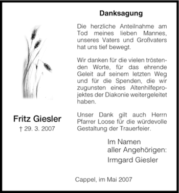 Todesanzeige von Fritz Giesler von HNA