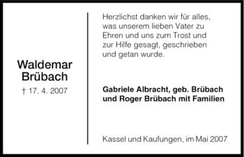 Todesanzeige von Waldemar Brübach von HNA