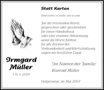 Todesanzeige von Irmgard Müller von HNA