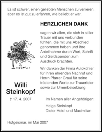 Todesanzeige von Willi Steinkopf von HNA