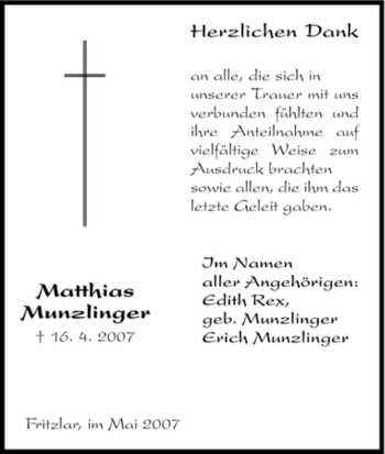 Todesanzeige von Matthias Munzlinger von HNA