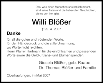 Todesanzeige von Willi Blößer von HNA