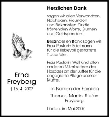 Todesanzeige von Erna Freyberg von HNA