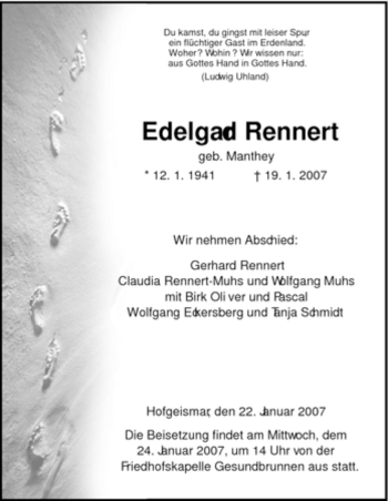 Todesanzeige von Edelgard Rennert von HNA