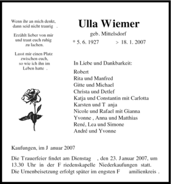 Todesanzeige von Wiemer Ulla von HNA