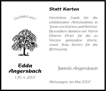 Todesanzeige von Edda Angersbach von HNA