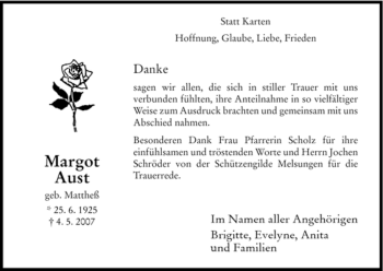 Todesanzeige von Margot Aust von HNA
