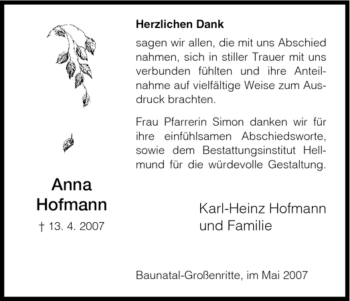 Todesanzeige von Anna Hofmann von HNA