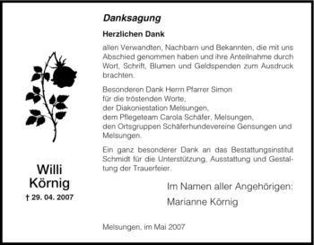 Todesanzeige von Willi Körnig von HNA