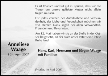 Todesanzeige von Anneliese Waage von HNA