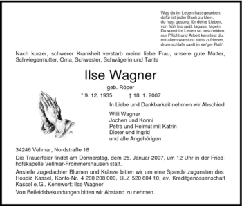 Todesanzeige von Ilse Wagner von HNA