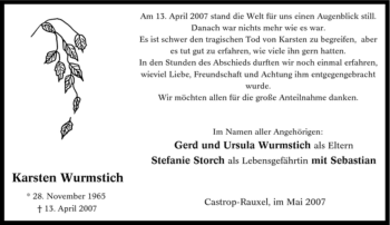 Todesanzeige von Karsten Wurmstich von HNA