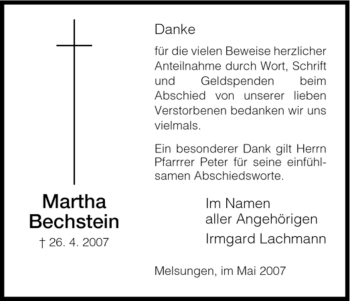 Todesanzeige von Martha Bechstein von HNA