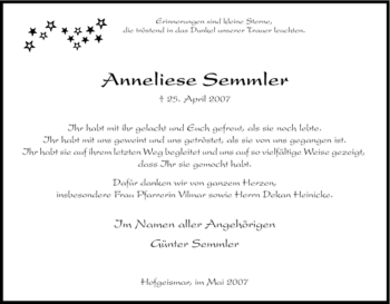 Todesanzeige von Anneliese Semmler von HNA