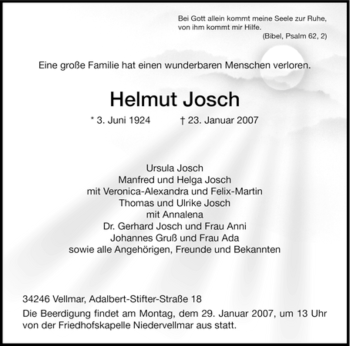 Todesanzeige von Helmut Josch von HNA