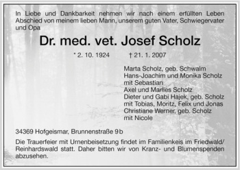 Todesanzeige von Josef Scholz von HNA